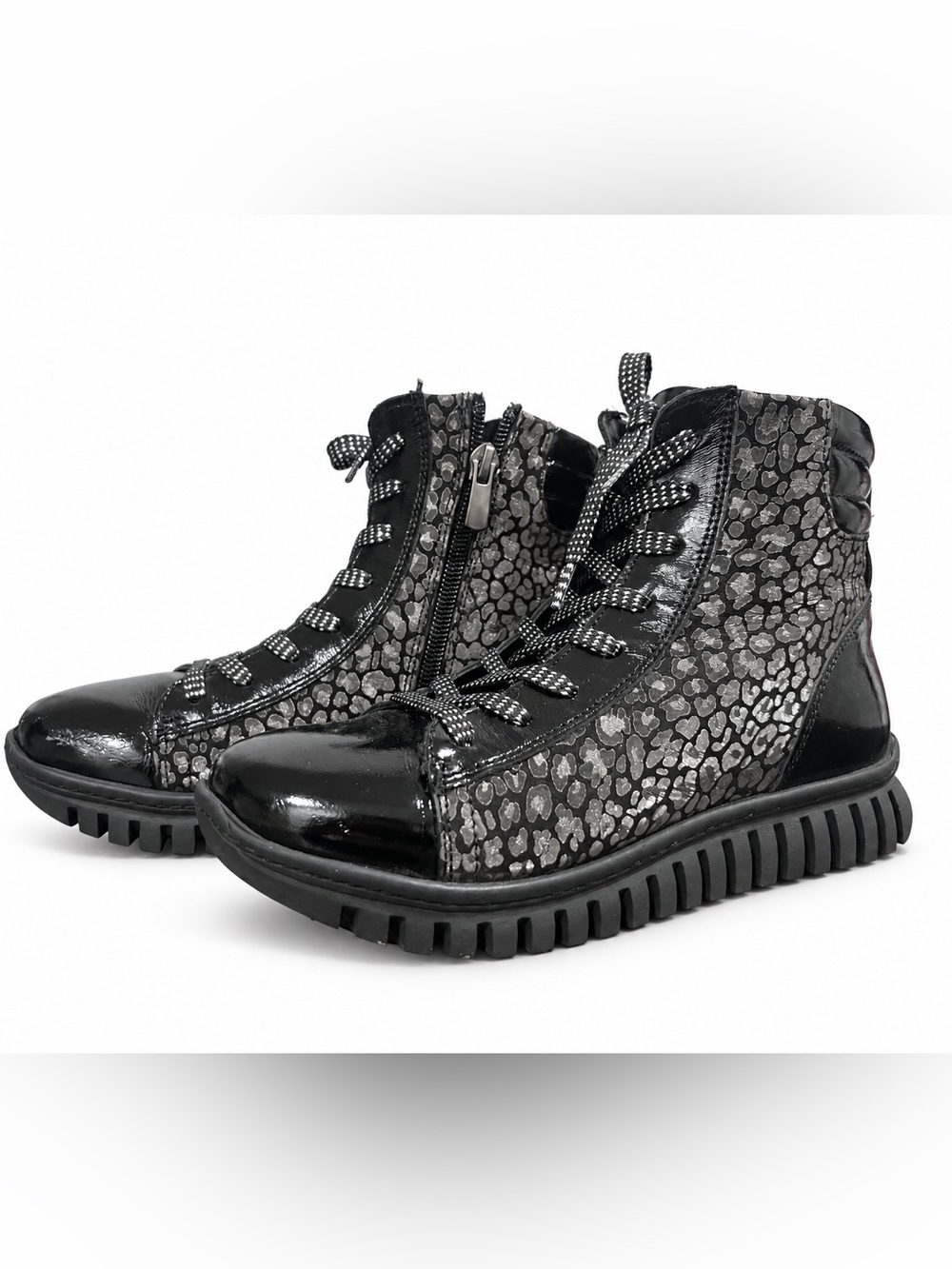 Alessio Nesca Girls Black Silver Leopard Patent Ankle Boots Zip Size 2.5